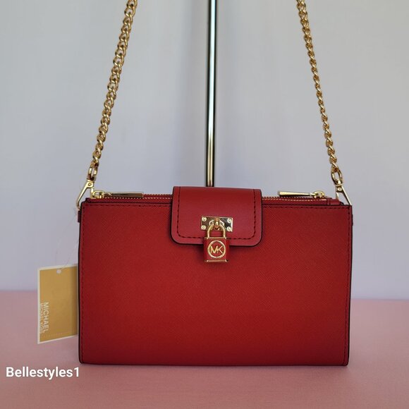 MICHAEL KORS Ruby Small Double-Zip Saffiano Leather Crossbody Bag- Crimson ⭐ - Picture 6 of 16
